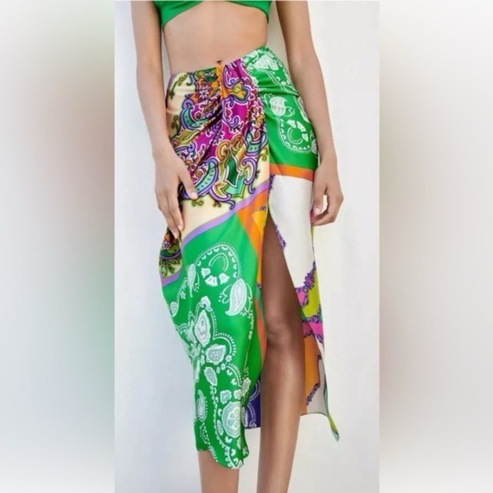 Bailey 44 Patchwork Satin Knotted Waist Front Slit Midi Skirt Resortwear